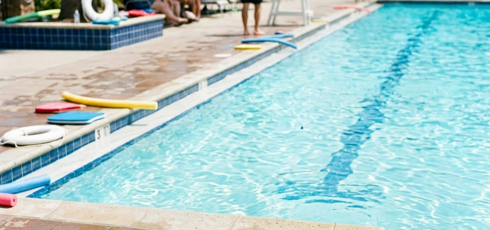 Four children in bright life jackets playing near a swimming pool edge with water splashing.
